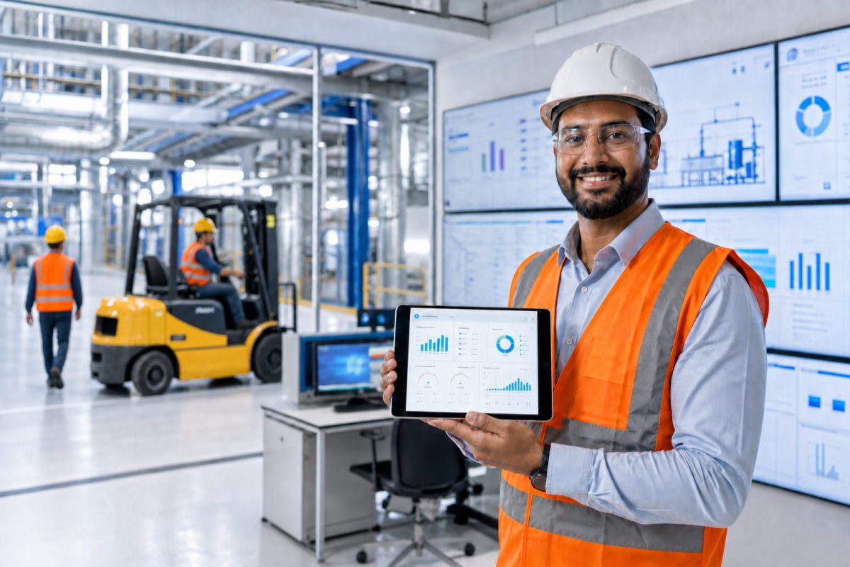 Software de gestión industrial con supervisión de procesos, normas ISO y dashboards en planta